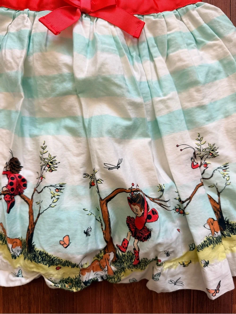 Girls' Aqua & White Striped Dress with Red Bow